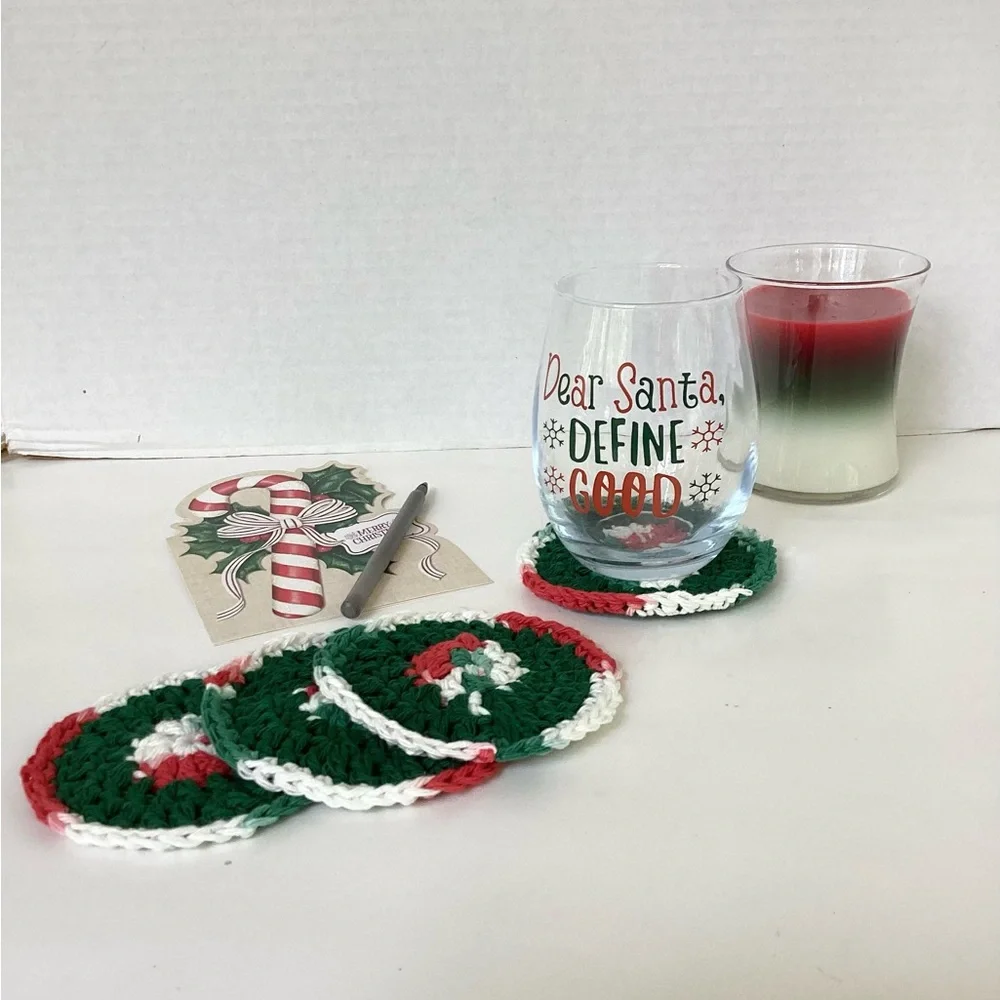 Coaster Set Hand Crafted Red White Green Christmas Holidays Crochet